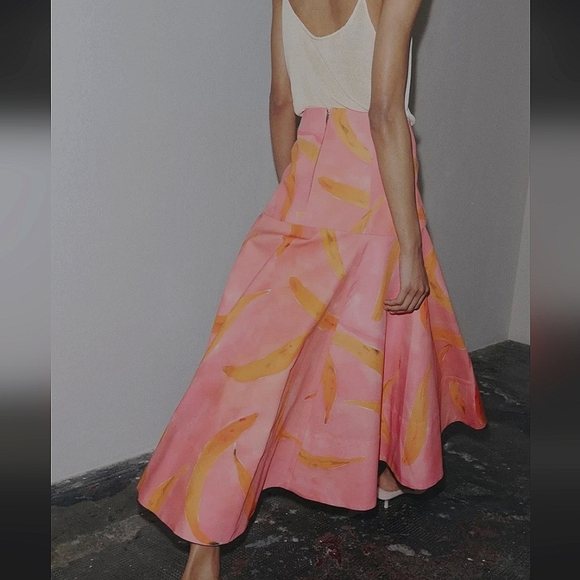 ZARA ZW COLLECTION PRINTED MID-WAIST ASYMMETRIC MIDI SKIRT 🧡💛💗 - Picture 6 of 12